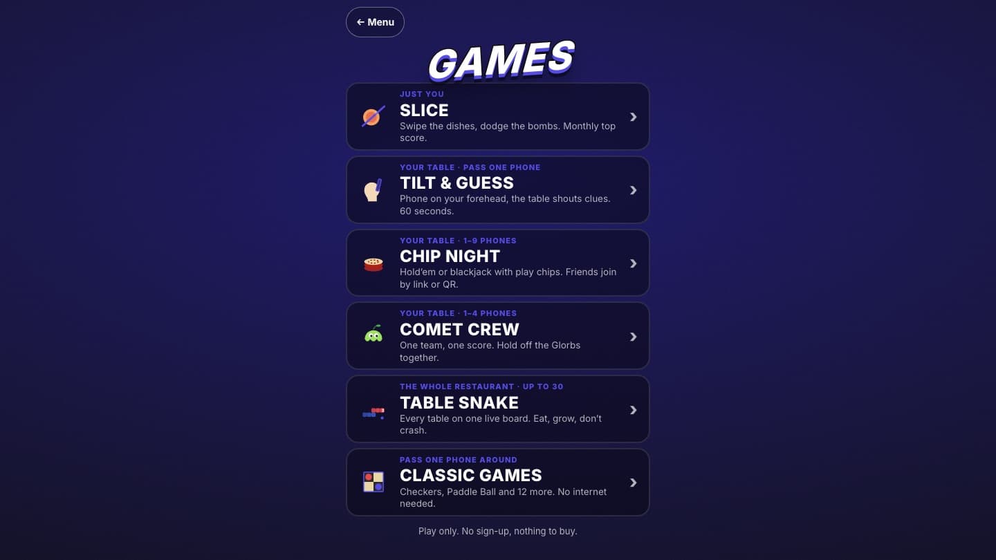 Games: what the table can play while the food comes, sorted by who it's for.