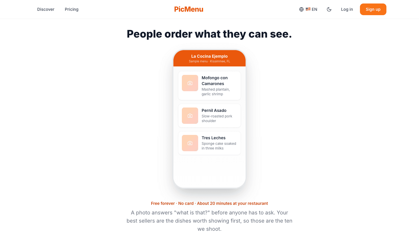 Homepage: a sample menu from a made-up restaurant. The photo slots get filled at the visit.
